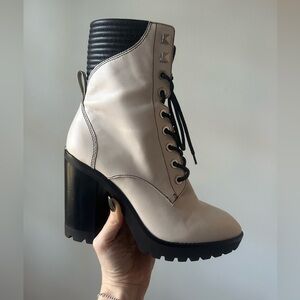 Michael Kors Bastian Chunky Heel Leather Combat Boots, Size 8.5, Off-White